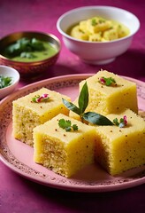 Popular Indian dish Traditional Food Sev Khaman Dhokla Served With Green Chutney & Chilli