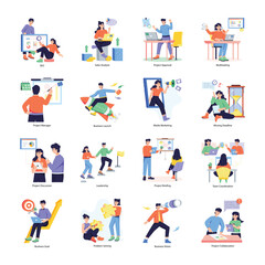 Naklejka premium Pack of 16 Project Management Flat Illustrations