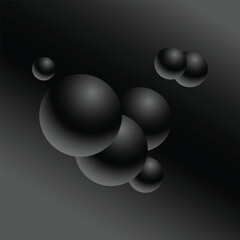 Black matte abstract gradient background with 3d balls of different sizes, colored spheres in falling.