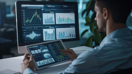 Businessman sitting front tablet ,laptop computer with financial graphs and statistics on monitor.at office,