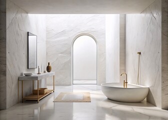 Modern Minimalist Bathroom Interior. A serene, minimalist bathroom featuring a sleek, freestanding bathtub and elegant pendant lighting. 