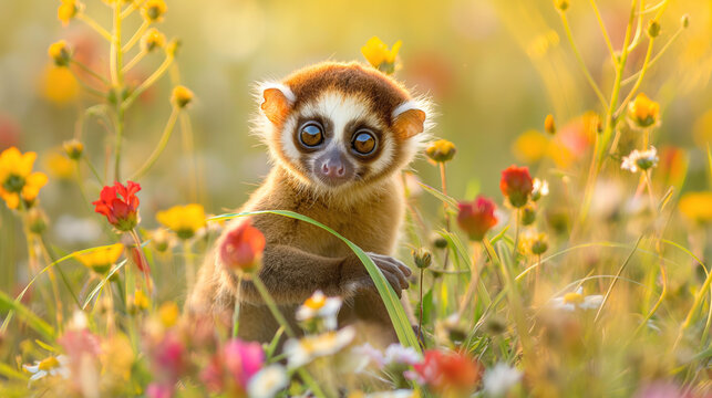 A cute little slow loris among the colorful flowers, looking at the camera