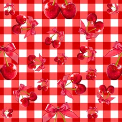 seamless pattern red cherry on plaid
