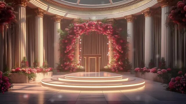 Luxury wedding hall with podium stage and flowers decoration scene motion background