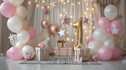 First Birthday Party Decoration with Pink and White Balloons, Stars, and Gifts