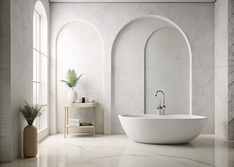 Modern Minimalist Bathroom Interior. A serene, minimalist bathroom featuring a sleek, freestanding bathtub and elegant pendant lighting. 