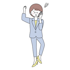 電話をしながら困って拳を上げるスーツの女性のイラスト