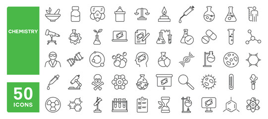 Set of 50 line icons related to chemistry, lab, science, research, biology, Editable stroke. Vector illustration