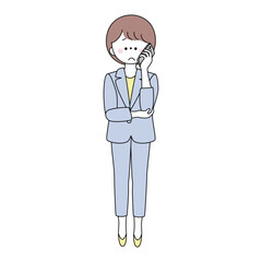 Fototapeta premium 電話をしながら困って腕を組むスーツの女性のイラスト