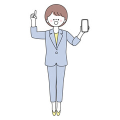 スマートフォンを持つ笑顔で指差ししているスーツの女性のイラスト