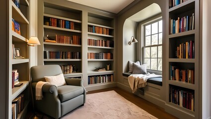 Cozy Home Library with Comfortable Reading Nook and Built-In Bookshelves
