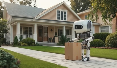 parcel delivery robot standing in front of the house
