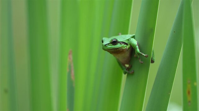 European Tree Frog Climbing Green Cattail Leaf in Wind