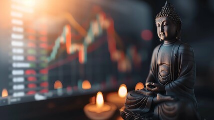 Zen Buddha statue with lit candles and financial graph on computer screen background, blending spirituality and business concepts.