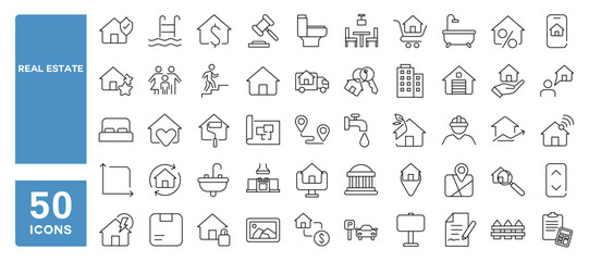 Set of 50 line icons related to real estate, property, rent house, buy and sell home, building, Editable stroke. Vector illustration