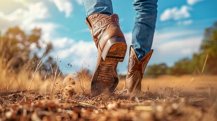 Close-Up of Walking in Cowboy Boots on a Dusty Path