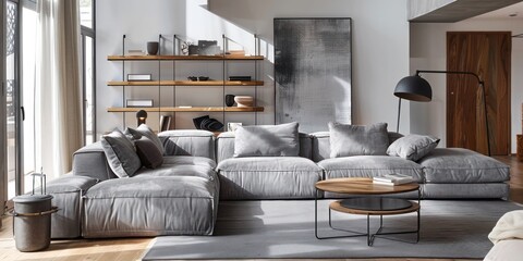 Scandinavian Living Room: Cozy Gray Furniture, Wood Shelves, Black Lamp in Bright Space - Modern Interior Design
