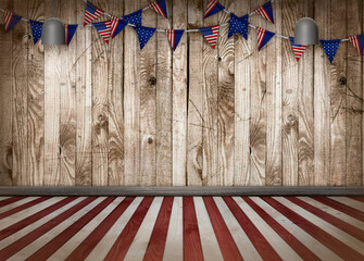 Vintage retro interior in wild west style in USA flag colors and old grunge wooden wall background...
