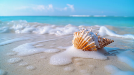 A close-up of a conch shell resting on wet sand as gentle waves and foam wash over it. The turquoise ocean and clear blue sky create a serene beach scene in the background