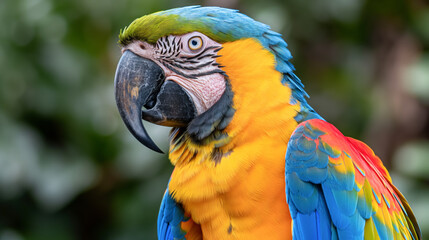Fototapeta premium A close-up of a vibrant macaw parrot displaying its colorful plumage with shades of blue, green, yellow, and red, set against a blurred green foliage background