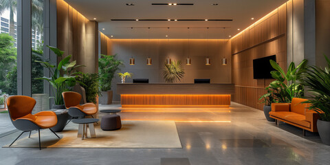 Modern hotel lobby with sleek design, featuring a wooden reception desk, orange seating, large potted plants, and floor-to-ceiling windows. Warm lighting enhances the inviting atmosphere