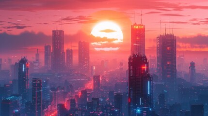 Naklejka premium Stunning Futuristic Cityscape at Sunset with Skyscrapers and Vibrant Colors Illuminating the Urban Skyline