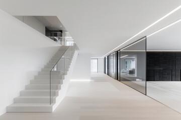 Fototapeta premium A white minimalist interior featuring a sleek staircase and glass railing, showcasing modern architectural design and elegance