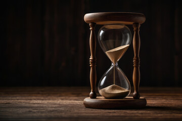 Elegant hourglass on an empty wooden table against a dark background with copy space