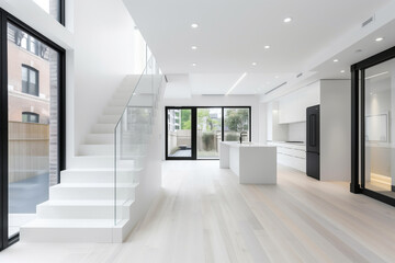 Fototapeta premium A white minimalist interior featuring a sleek staircase with glass railings, large windows showcasing modern architectural design and elegance