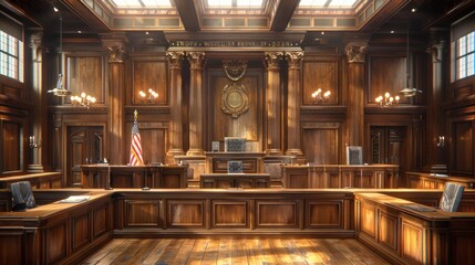 Elegant and Historic Courtroom with Wooden Interiors, Judge's Bench, and American Flag Under Natural Light