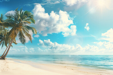 Naklejka premium Beautiful summer background with blue sky, white clouds and palm trees on the tropical beach