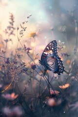 A butterfly resting on a branch, with a softly blurred background of a meadow or field filled with wildflowers. 