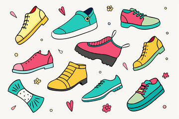 Footwear Set Vector. Stylish Shoes. For Man And Woman. Sandals. Different Seasons. Design Element. Flat Cartoon Isolated Illustration