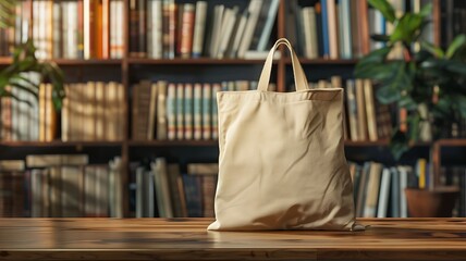 Beige mockup canvas tote bag on wooden table in front of bookshelf library