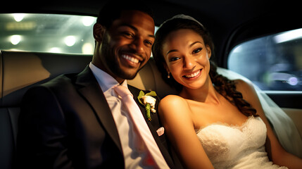 generated illustration happy newlyweds of beautiful bride woman in car for wedding black couple