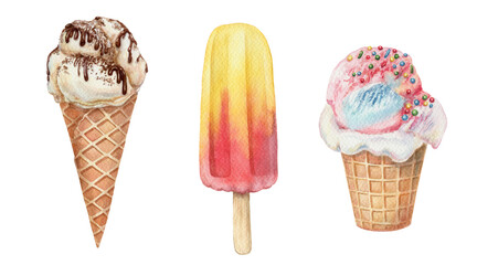 Set of Ice Cream waffle cone and cup with toppings and fruit ice popsicle watercolor hand painted food illustration. Yellow, Pink and blue colorful isolated Sundae with sprinkles for product design.