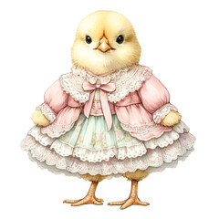 The chick is wearing a pretty pink dress