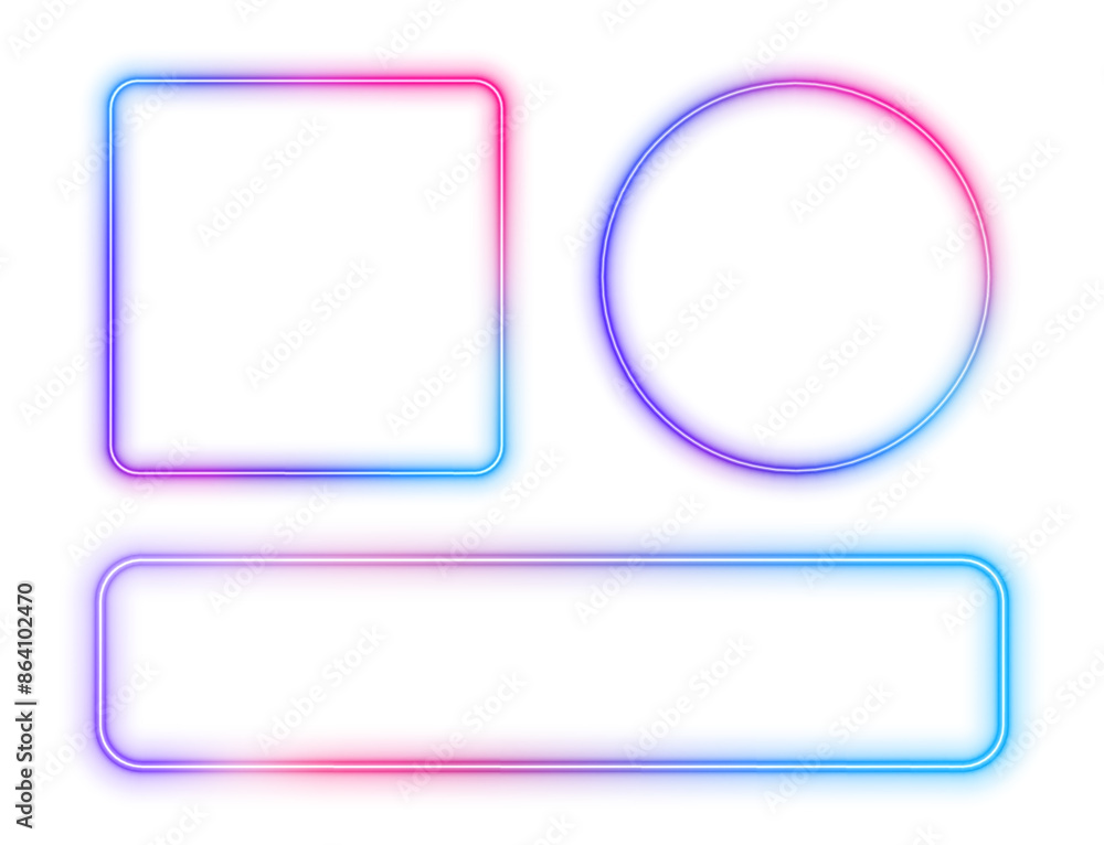 Poster A set of blue and pink glowing neon frames on a transparent background in PNG format. Vector isolated magic empty borders of geometric shapes.