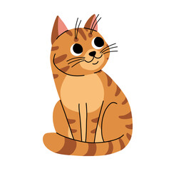 Cute cat concept. Adorable domestic animal sitting. Fluffy tabby brown pet. Lovely kitten stands. Graphic element for website. Cartoon flat vector illustration isolated on white background
