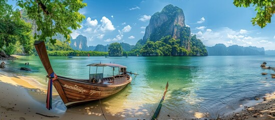 Traditional Longtail Boat Anchored in Tranquil Tropical Bay