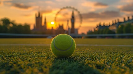 Close-up of Tennis Ball on Grass Court with Cityscape at Sunset in Background