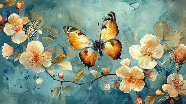 Colorful Vintage Illustration Of Butterflies And Flowers In Watercolor Style