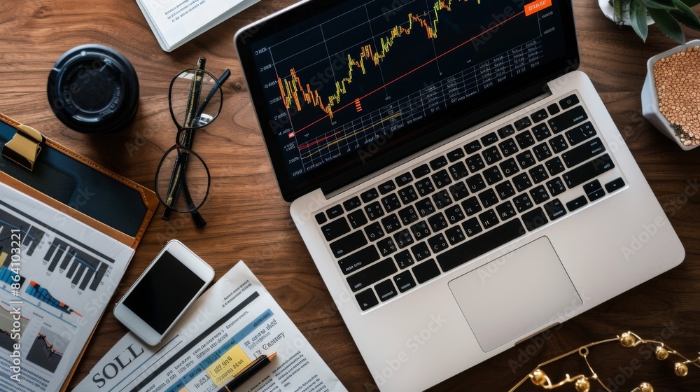 Fototapete a high-angle view of a desk with a laptop displaying a gold price graph and financial documents spre