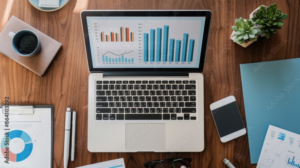 Poster A high-angle view of a workspace with a laptop displaying a bar graph and financial documents spread out.