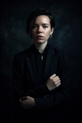 Fototapeta premium Portrait of a woman in a black suit with short hair and hoop earrings against a dark background. Studio photography with dramatic lighting. Concept of professionalism and confidence