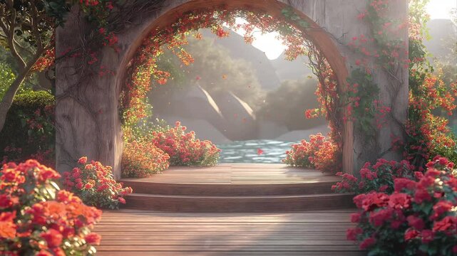 Wedding autumn flower stage decoration outdoor . Nature scene motion animation background