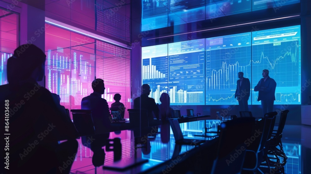 Aufkleber A meeting room with a presentation screen displaying complex financial graphs, while businesspeople discuss strategies.
