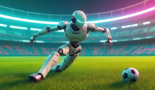 robot soccer player. 3d rendered illustration of a skeleton. 3d rendered illustration of a figure. robot ai soccer player in action, robot model player soccer