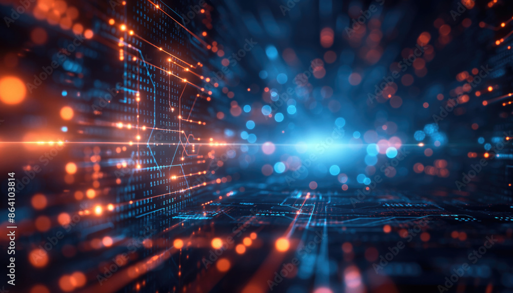 Poster futuristic digital landscape with data streams and glowing lights. high-tech background for cyber te