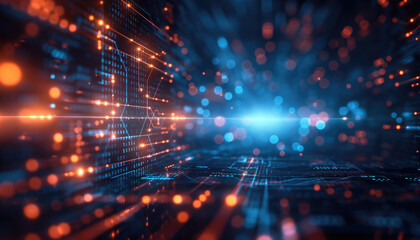 Futuristic digital landscape with data streams and glowing lights. High-tech background for cyber technology, data transfer, and innovation concepts. Abstract digital network background.